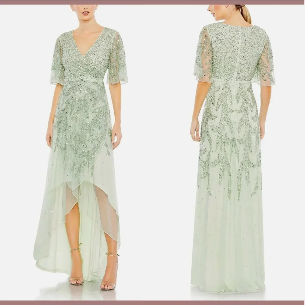 NWT $498 Mac Duggal [‎ 18 ] Sequined Butterfly Sleeve High Low Gown Sage Greeen
